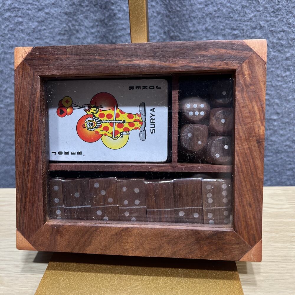 Vintage Uniquely C. Wooden Domino & Dice Cards Set in Decorative Wooden Box,